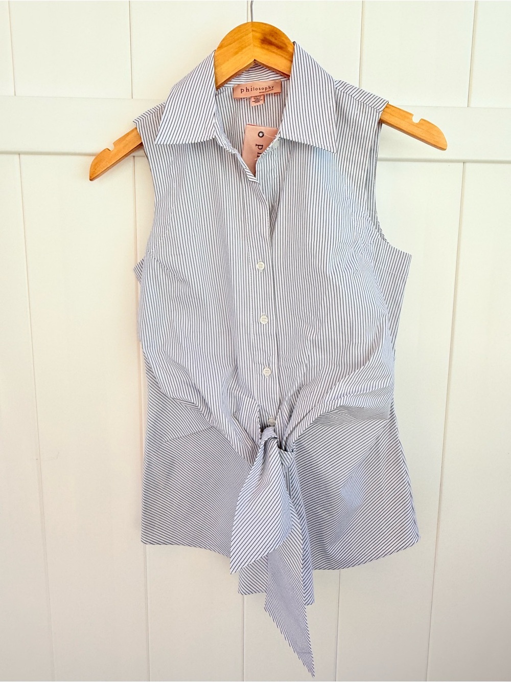 Philosophy Sleeveless Tie-Front Pinstripe Blouse - Blue & White